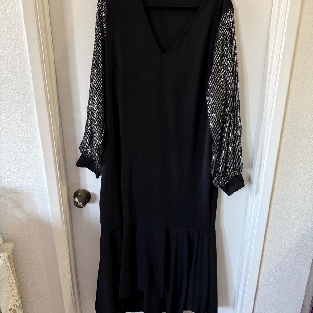 Woman’s Plus Black Longsleeve Evening Dress Fit & Flare Silver Sequin Sleeves 2X
